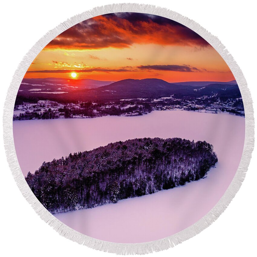 Brighton Round Beach Towel featuring the photograph Winter Sunset on Island Pond, Vermont by John Rowe
