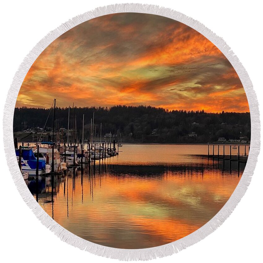 Sunset Round Beach Towel featuring the photograph Winter Sunset - Poulsbo and Liberty Bay by Jerry Abbott