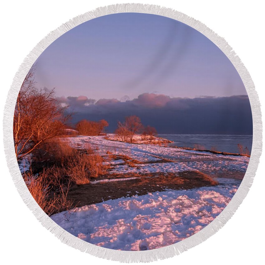 Sam Smith Park Round Beach Towel featuring the photograph Winter Sunset Walkway by a Lake by John Twynam
