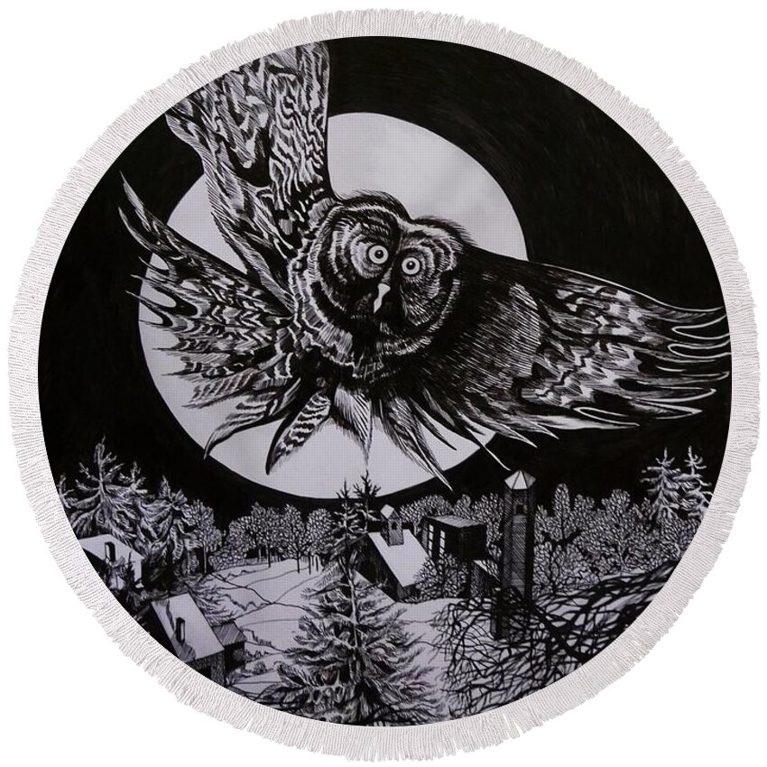 Black And White Round Beach Towel featuring the drawing Winter tale of Midnapore by Anna Duyunova