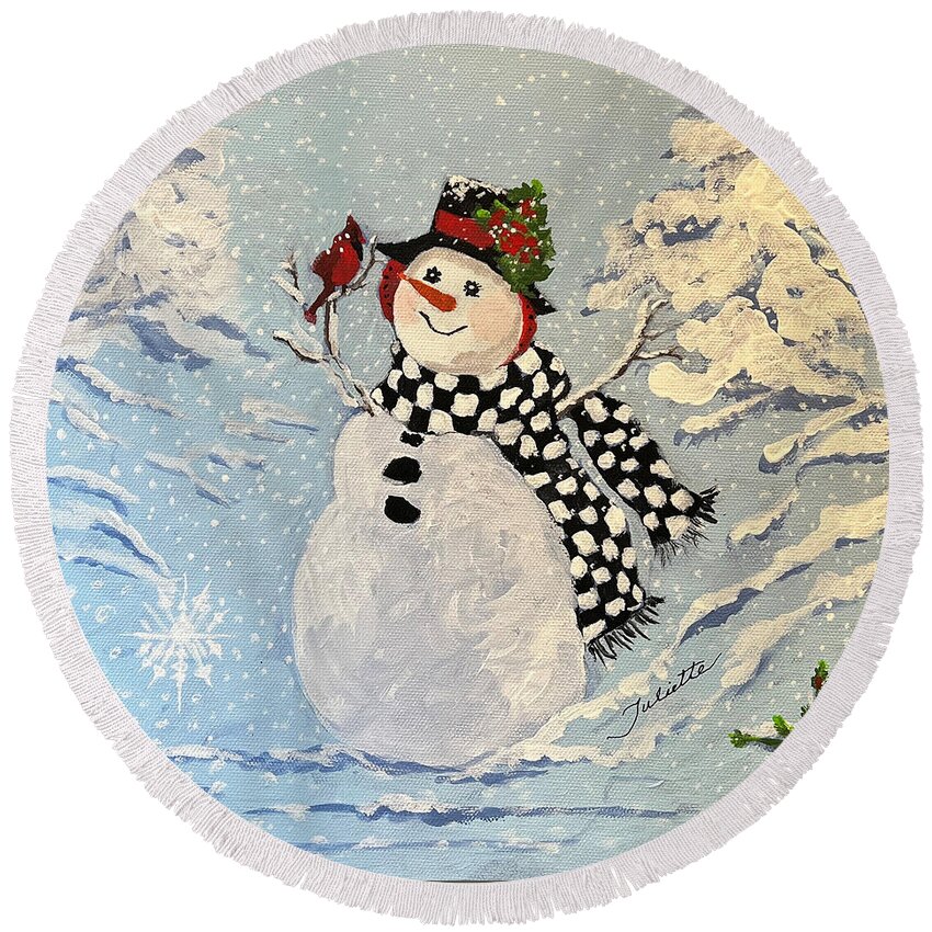 Snowman Round Beach Towel featuring the painting Winter Wonderland by Juliette Becker