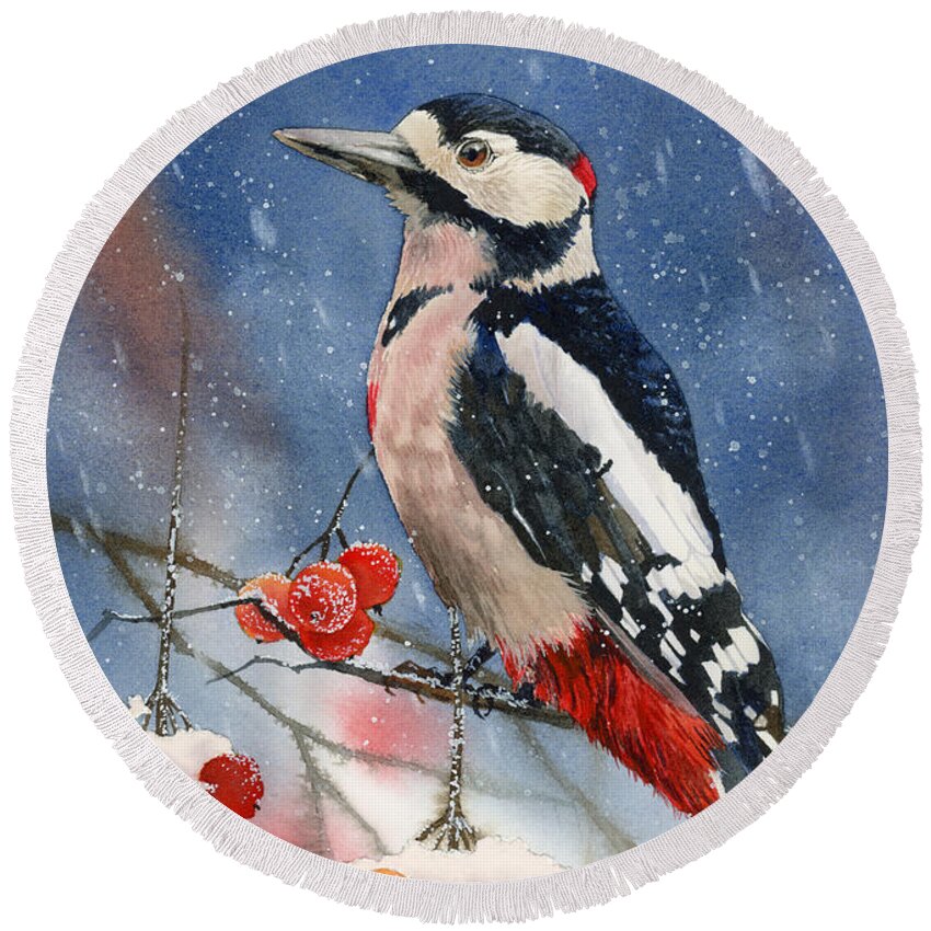 Bird Round Beach Towel featuring the painting Winter Woodpecker by Espero Art