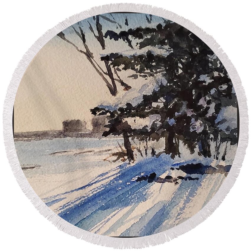 Landscape Round Beach Towel featuring the painting Wintery Afternoon by Sheila Romard
