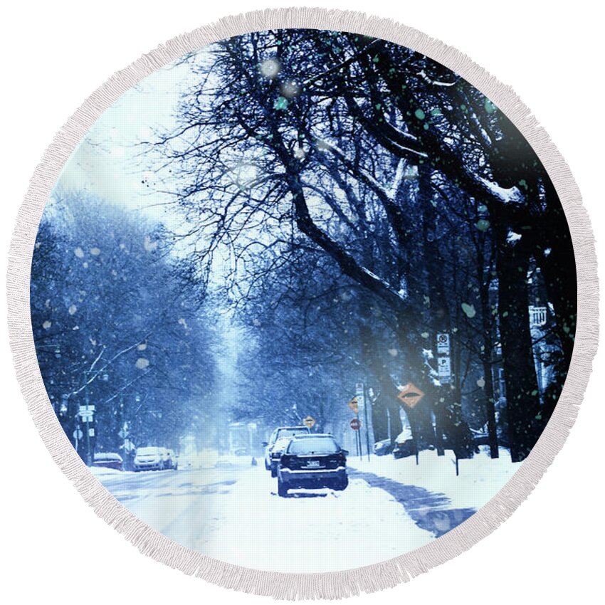 Cold Round Beach Towel featuring the photograph Wintery street in the city by Sandra Cunningham