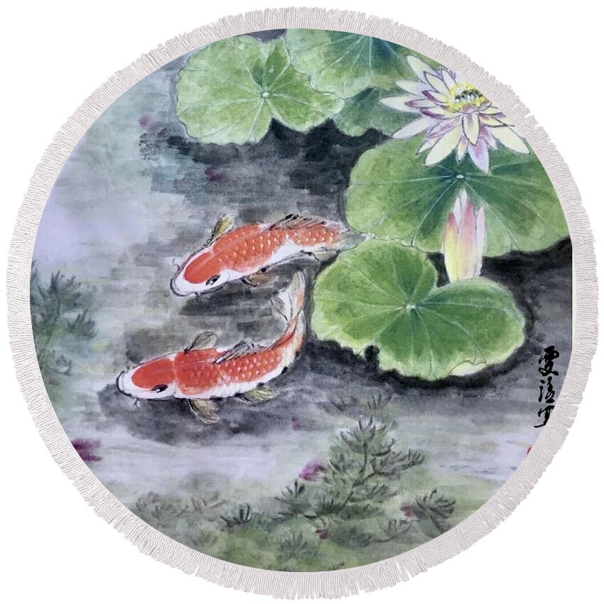 Koi Fish Round Beach Towel featuring the painting Wishful - 3 by Carmen Lam