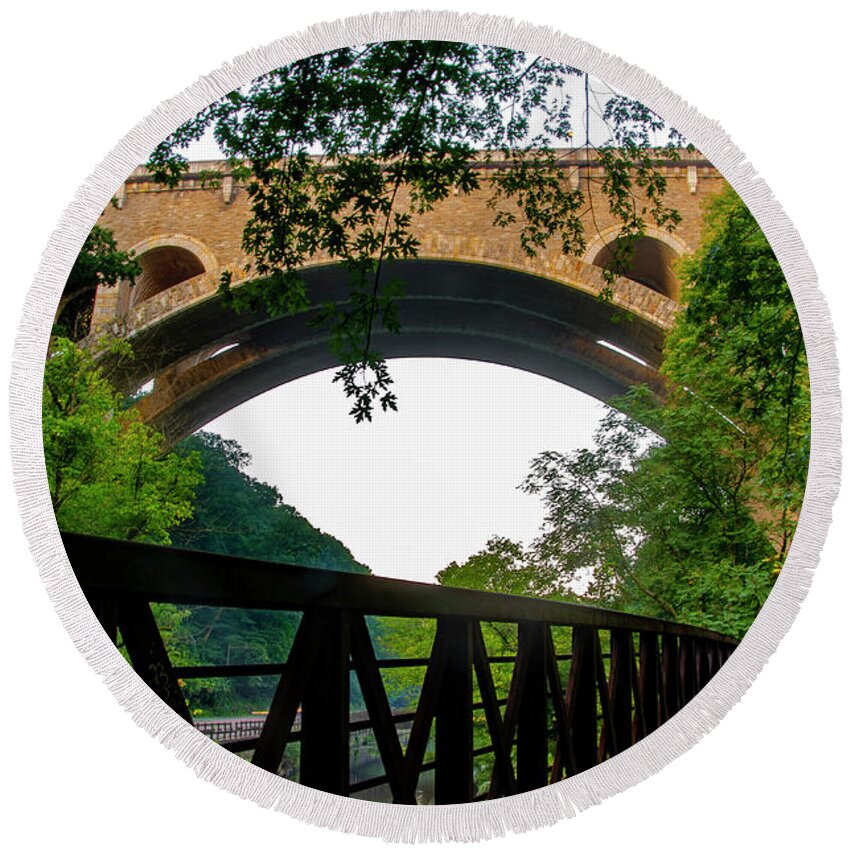 Wissahickon Round Beach Towel featuring the photograph Wissahickon Foot Bridge and the Henry Avenue Bridge by Bill Cannon