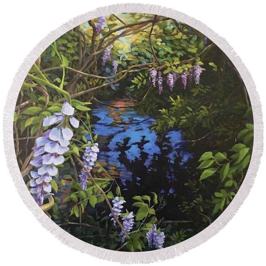 Wisteria Round Beach Towel featuring the painting Wisteria Creek by Don Morgan