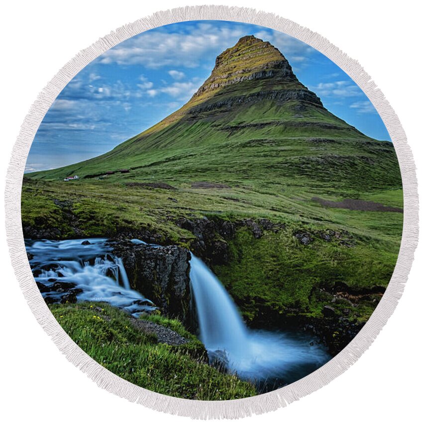 Iceland Round Beach Towel featuring the photograph Witch's Hat Falls by Tom Singleton