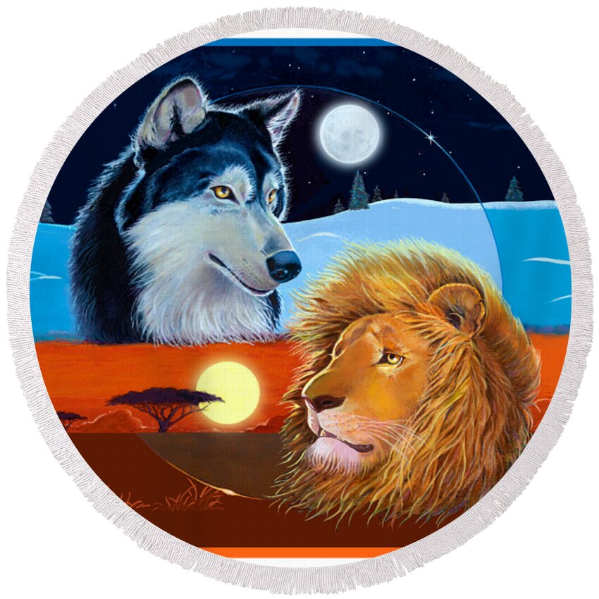 Wolf Round Beach Towel featuring the mixed media Wolf and Lion - Celestial Kings by J L Meadows