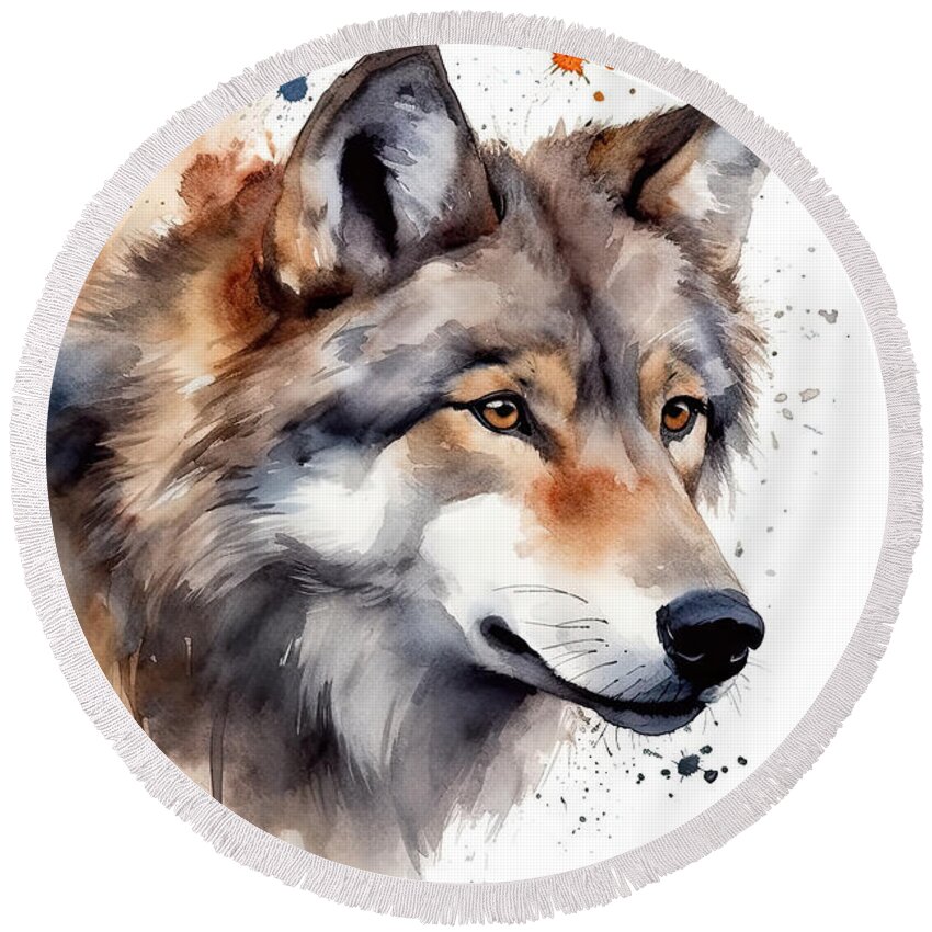 Wolf Round Beach Towel featuring the painting Wolf Head , Animal, Watercolor Illustration Isolated On White Ba by N Akkash