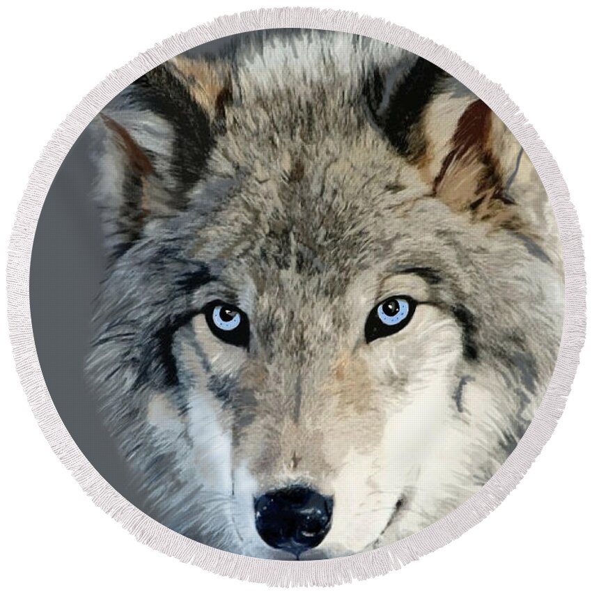 Nature Round Beach Towel featuring the mixed media Wolf by Judy Link Cuddehe