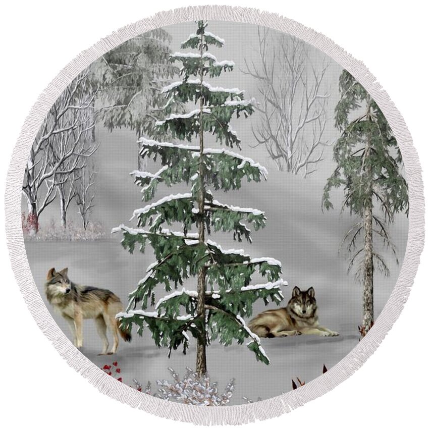 Wolf Round Beach Towel featuring the mixed media Wolves In The Winter Forest Color by David Dehner