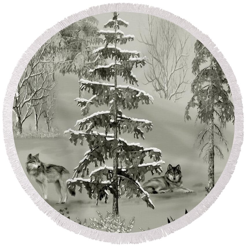 Wolf Round Beach Towel featuring the mixed media Wolves In The Winter Forest by David Dehner