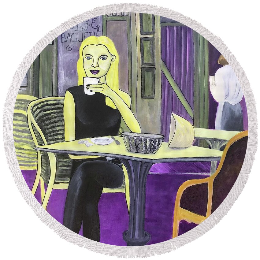 French Bistro Round Beach Towel featuring the painting Woman Drinking Coffee by Caroline Street