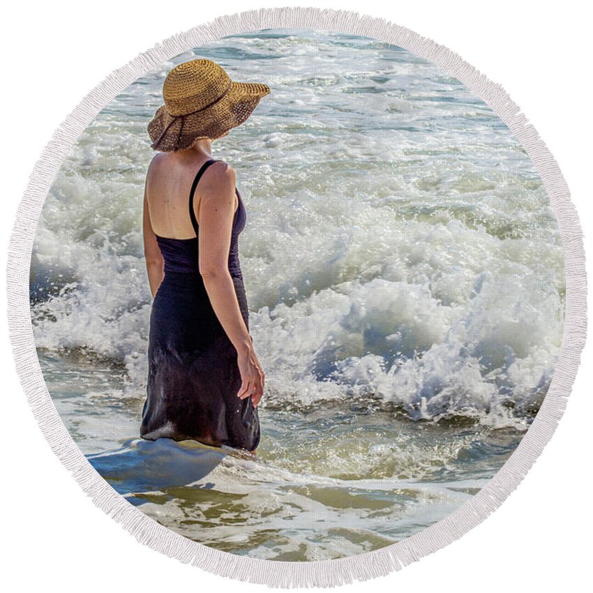 Beach Round Beach Towel featuring the photograph Woman in The Waves by WAZgriffin Digital