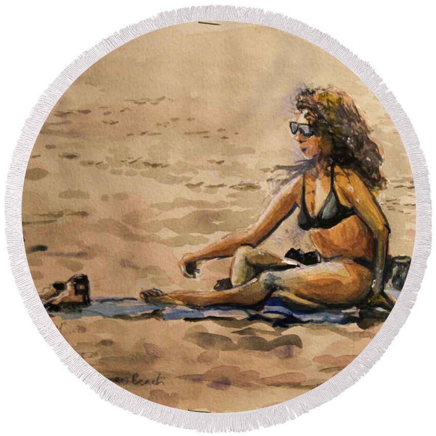  Round Beach Towel featuring the painting Woman on Beach by Douglas Jerving