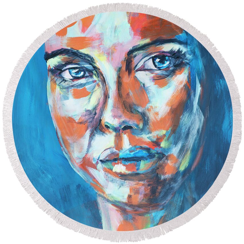 Woman Round Beach Towel featuring the painting Woman on Blue by Mark Ross