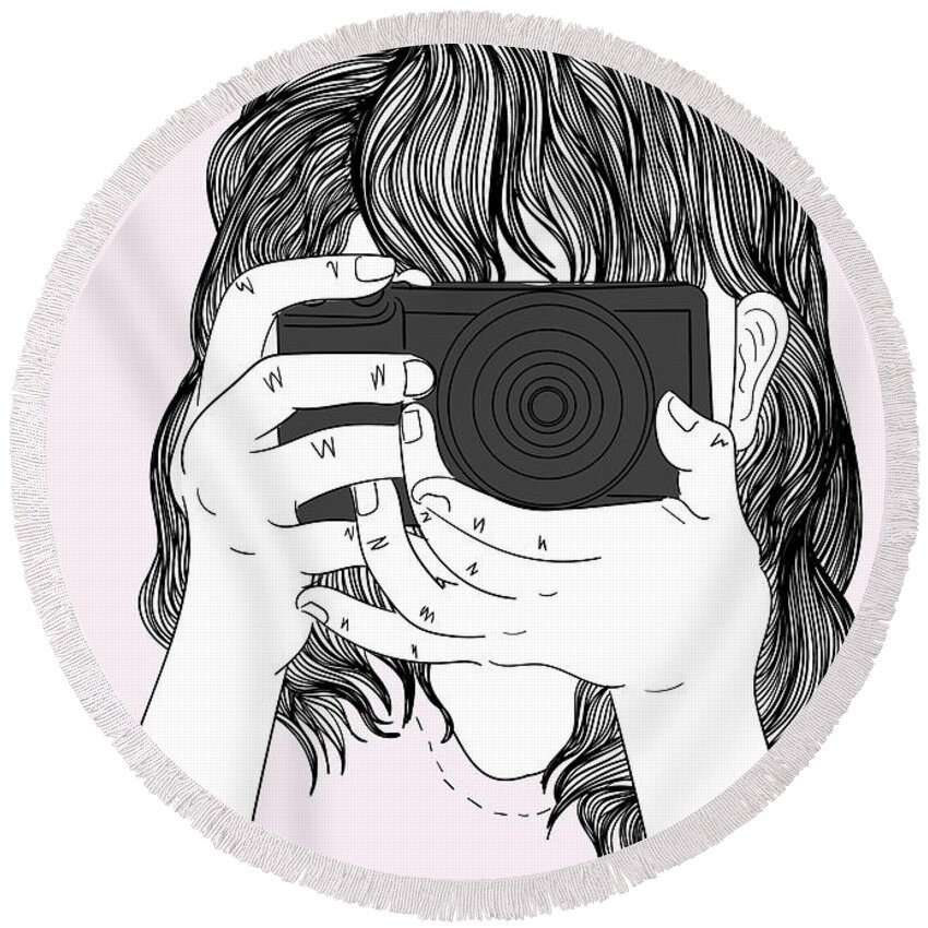 Graphic Round Beach Towel featuring the digital art Woman With A Camera - Line Art Graphic Illustration Artwork by Sambel Pedes