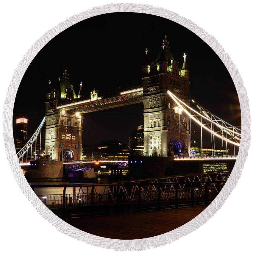 Sky Round Beach Towel featuring the photograph Tower Bridge with LED lighting by Vaclav Sonnek