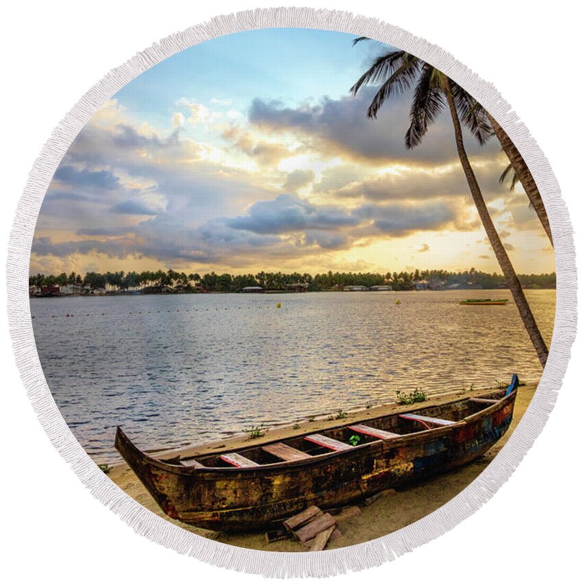 African Round Beach Towel featuring the photograph Wooden Boat on the Beach by Debra and Dave Vanderlaan
