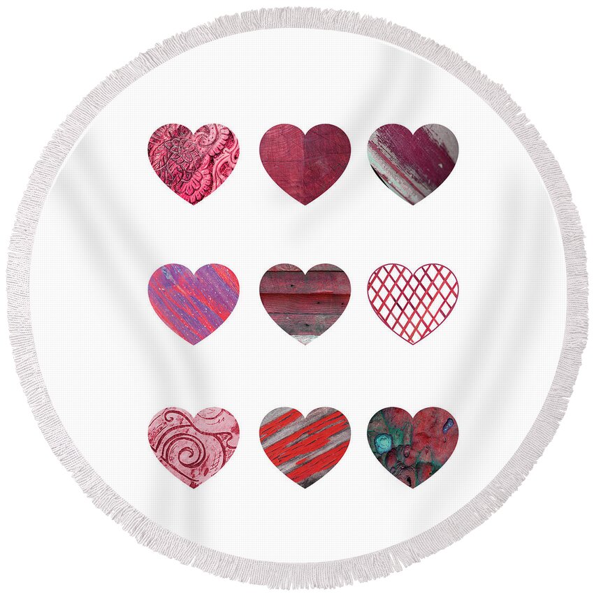 Heart Round Beach Towel featuring the mixed media Wooden Hearts by Moira Law
