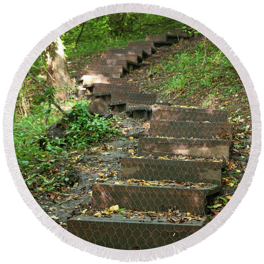 Wood Round Beach Towel featuring the photograph Wooden steps in the woods by Average Images