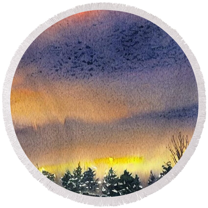 Pequannock Round Beach Towel featuring the painting Woodland Lake, Pequannock New Jersey, Winter Sunset by Christopher Lotito