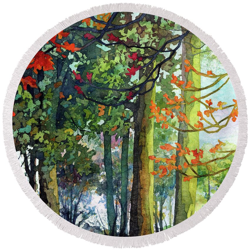 Path Round Beach Towel featuring the painting Woodland Trail - Autumn Leaves by Hailey E Herrera