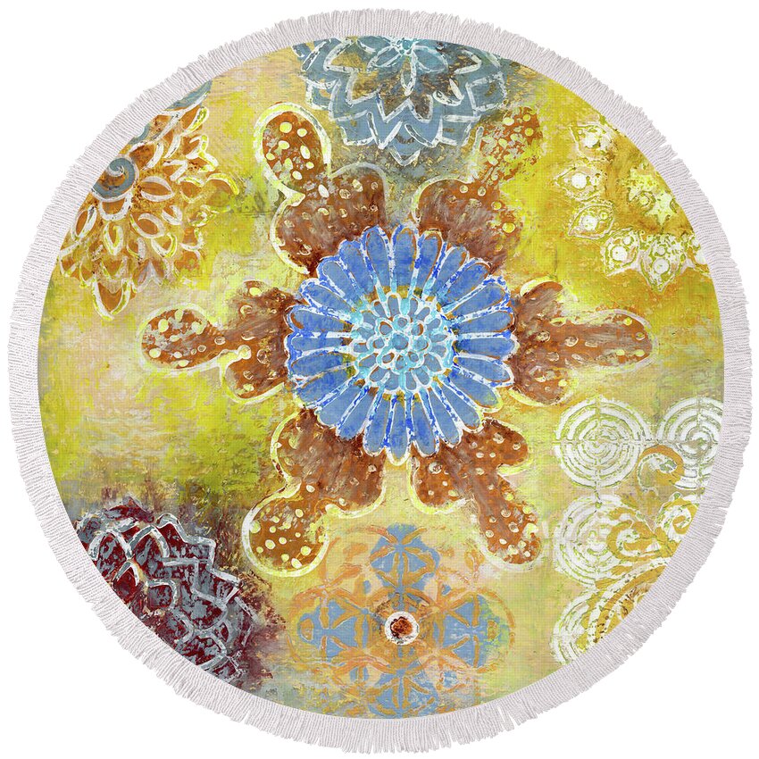 Abstract Round Beach Towel featuring the painting Woodland Winter Glow by Amy E Fraser