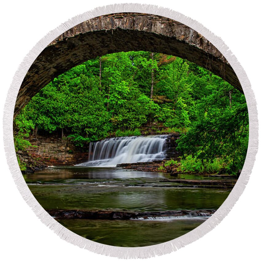 New York Round Beach Towel featuring the photograph Woods Falls Arch by Andy Crawford