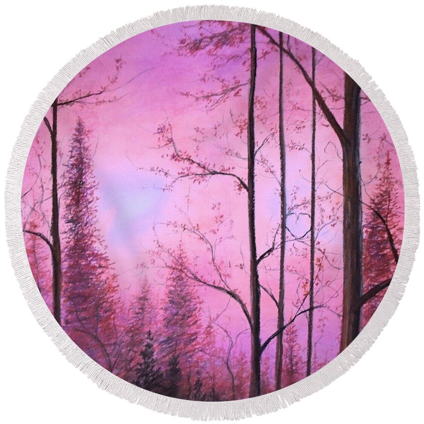 Forest Sky Round Beach Towel featuring the pastel Woods by Jen Shearer