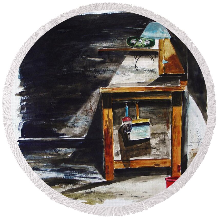 Interior Round Beach Towel featuring the painting Workbench by John Williams
