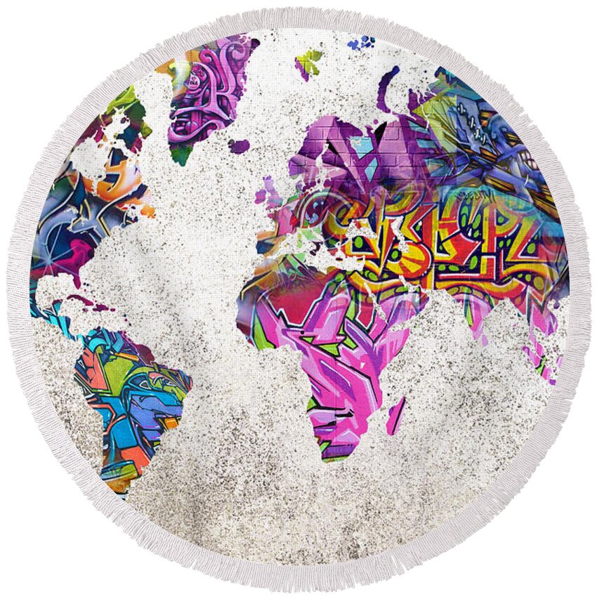 World Map Round Beach Towel featuring the painting World Map Graffiti by Tony Rubino