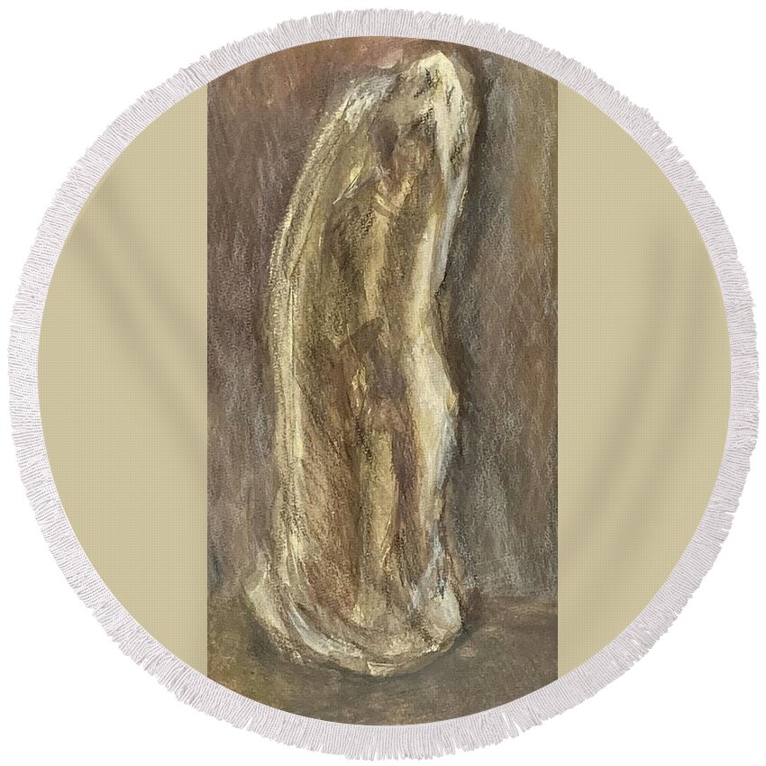 Pigments Round Beach Towel featuring the drawing Wrapped Figure in Brown by David Euler