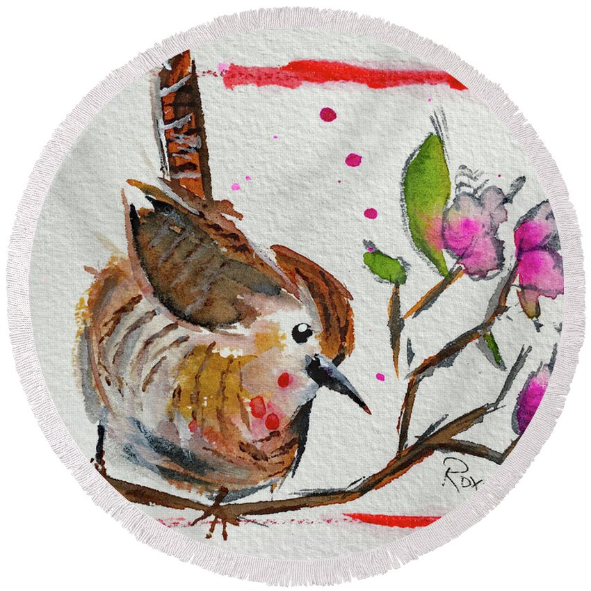 Wren Bird Round Beach Towel featuring the painting Wren in a Cherry Blossom Tree by Roxy Rich