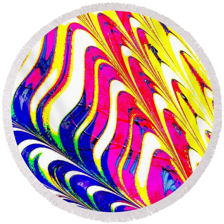 Abstract White Red Blue Yellow Green Waves Points Repetition Round Beach Towel featuring the digital art wwwWWAANNGGGGgggg by Kathleen Boyles