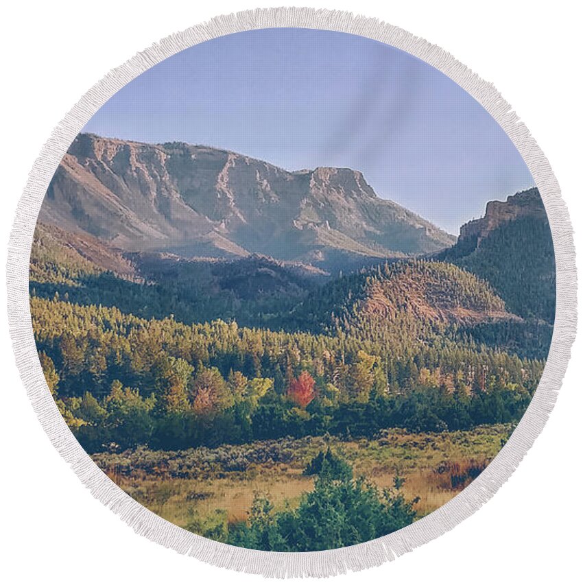 Wyoming Round Beach Towel featuring the photograph Wyoming Mountains by Katie Dobies