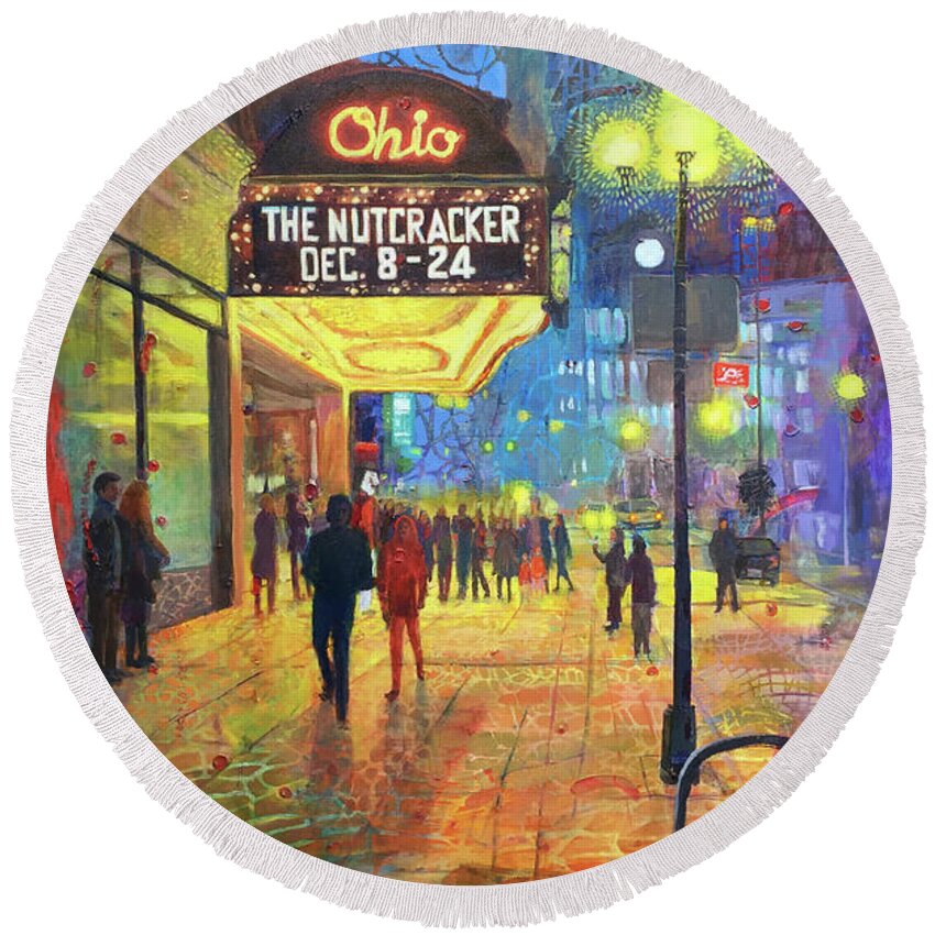 Ballet Round Beach Towel featuring the painting Xmas Time at the Ohio Theater by Robie Benve