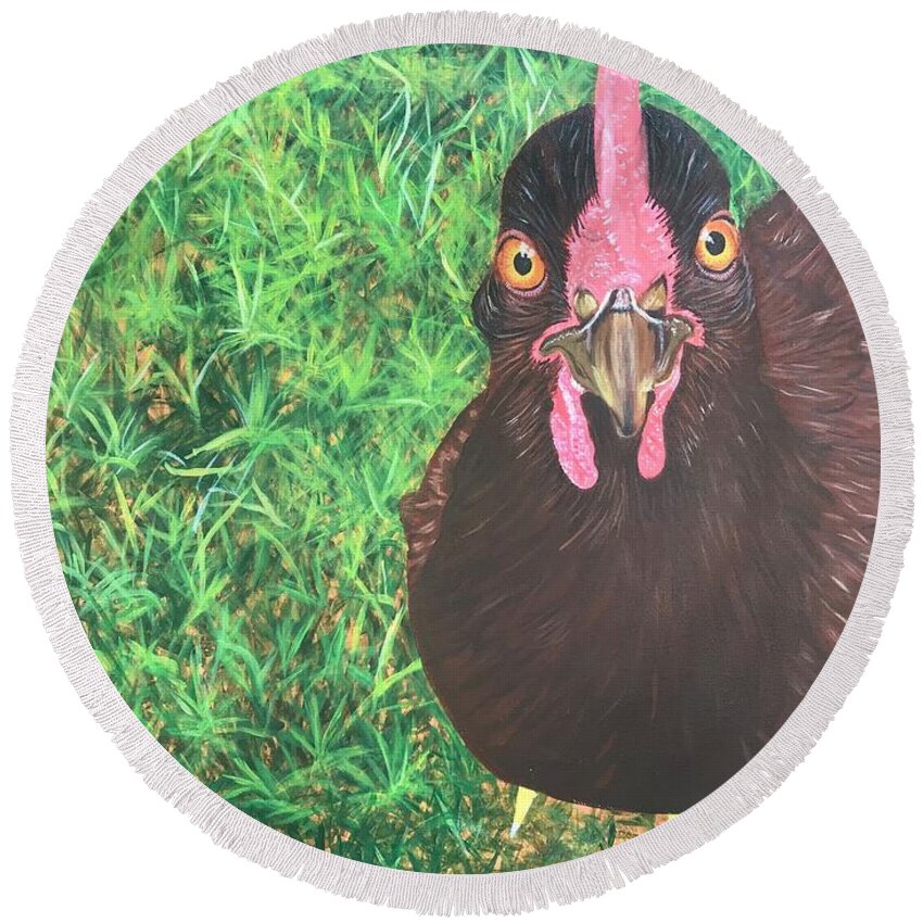 Chicken Round Beach Towel featuring the painting Yard Hen by Boots Quimby
