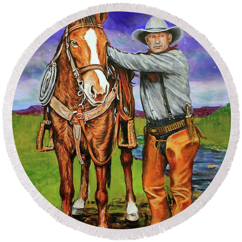 Cowboy Round Beach Towel featuring the painting Yeah, I See It, Too by Karl Wagner