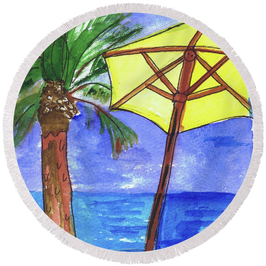 Fun Round Beach Towel featuring the painting Yella Brella by Genevieve Holland