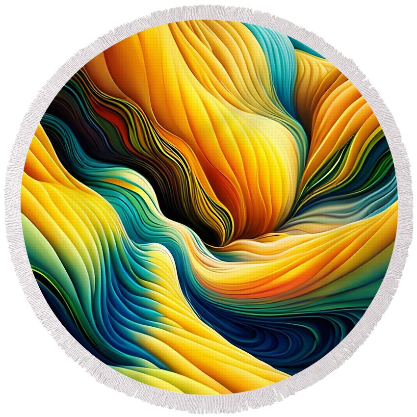 Newby Round Beach Towel featuring the digital art Yellow and Blue Abstract by Cindy's Creative Corner