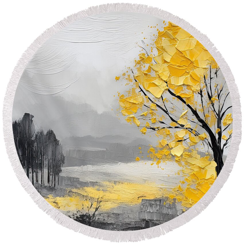 Yellow Round Beach Towel featuring the digital art Yellow and Gray Interior Color Scheme by Lourry Legarde
