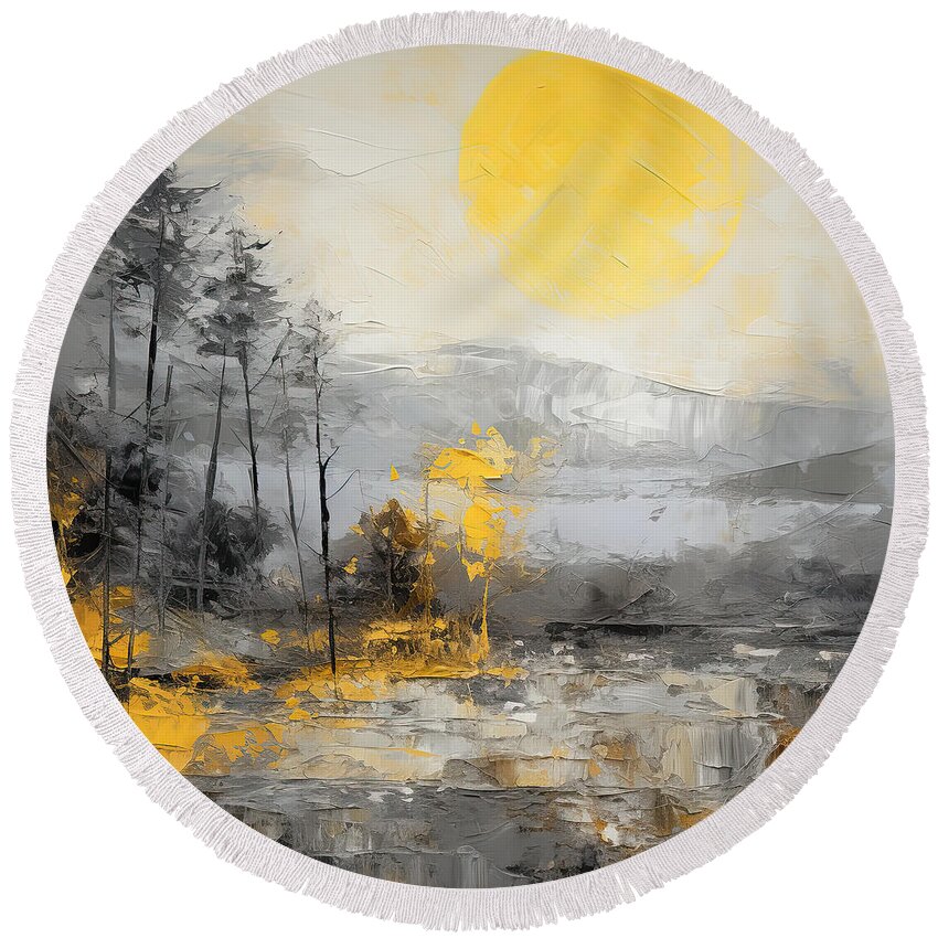 Yellow Round Beach Towel featuring the painting Yellow and Gray Landscapes - Impressionist Modern Moonlit by Lourry Legarde