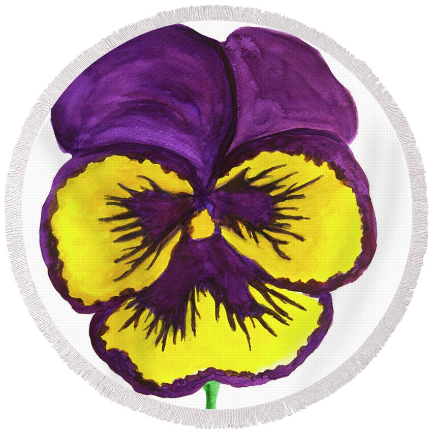 Pansy Round Beach Towel featuring the painting Yellow and purple colours pansy on white background by Irina Afonskaya