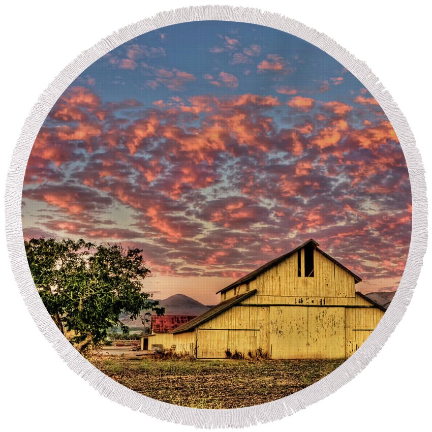 Yellow Barn Round Beach Towel featuring the photograph Yellow Barn by Beth Sargent