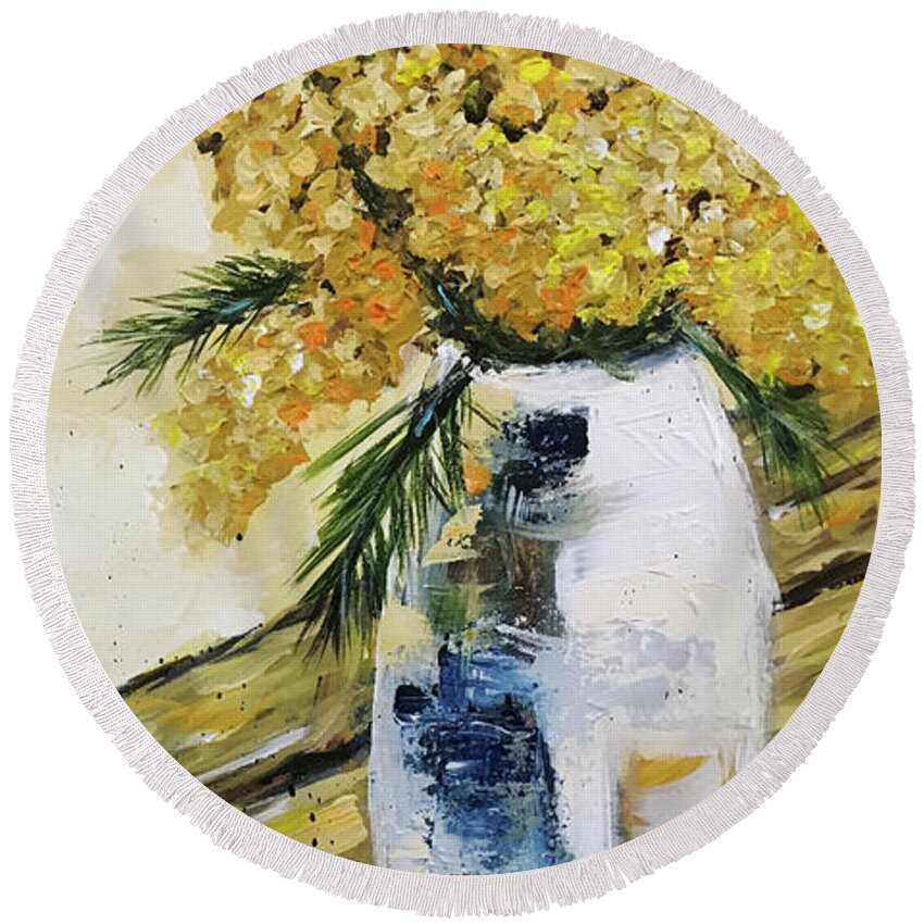 Flowers Round Beach Towel featuring the painting Yellow Bunch by Roxy Rich