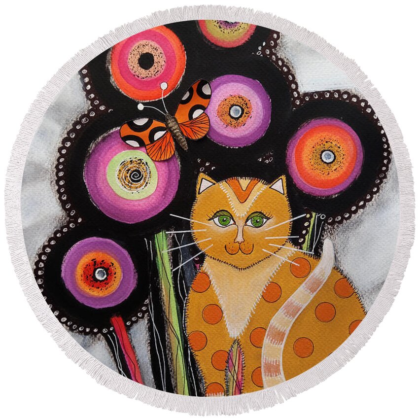 Cat Round Beach Towel featuring the painting Yellow cat with Flowers by Graciela Bello