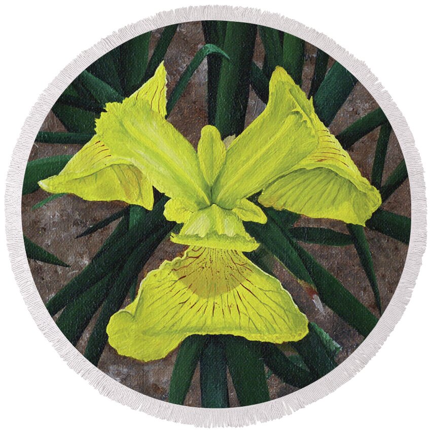 Yellow Flag Round Beach Towel featuring the painting Yellow Flag by Heather E Harman