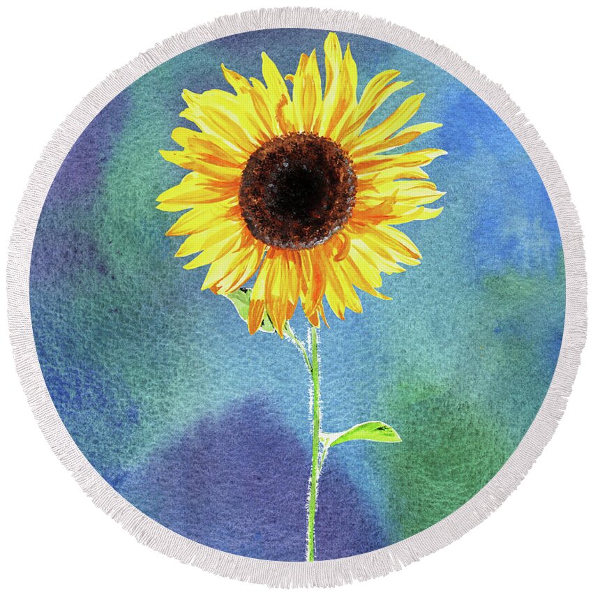 Sunflower Round Beach Towel featuring the painting Yellow Flower Happy Sunflower On Blue Emerald Watercolor III by Irina Sztukowski
